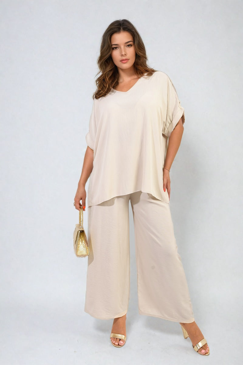 Button Detail V Neck Loose Top and Wide Leg Trouser Co-ord Set