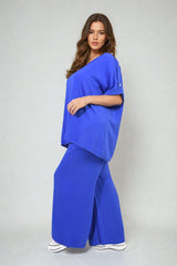 Button Detail V Neck Loose Top and Wide Leg Trouser Co-ord Set