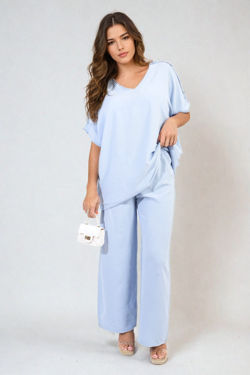 Button Detail V Neck Loose Top and Wide Leg Trouser Co-ord Set