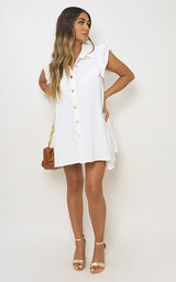 Gold Button Down Ruffle Sleeve Mini Dress