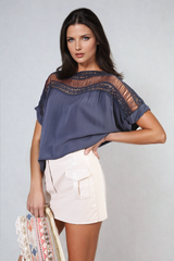 Lace Insert Round Neck Hollow Top