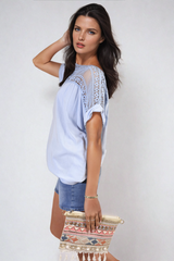 Lace Insert Round Neck Hollow Top