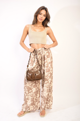 Pleated Wide Leg Floral Print Trousers