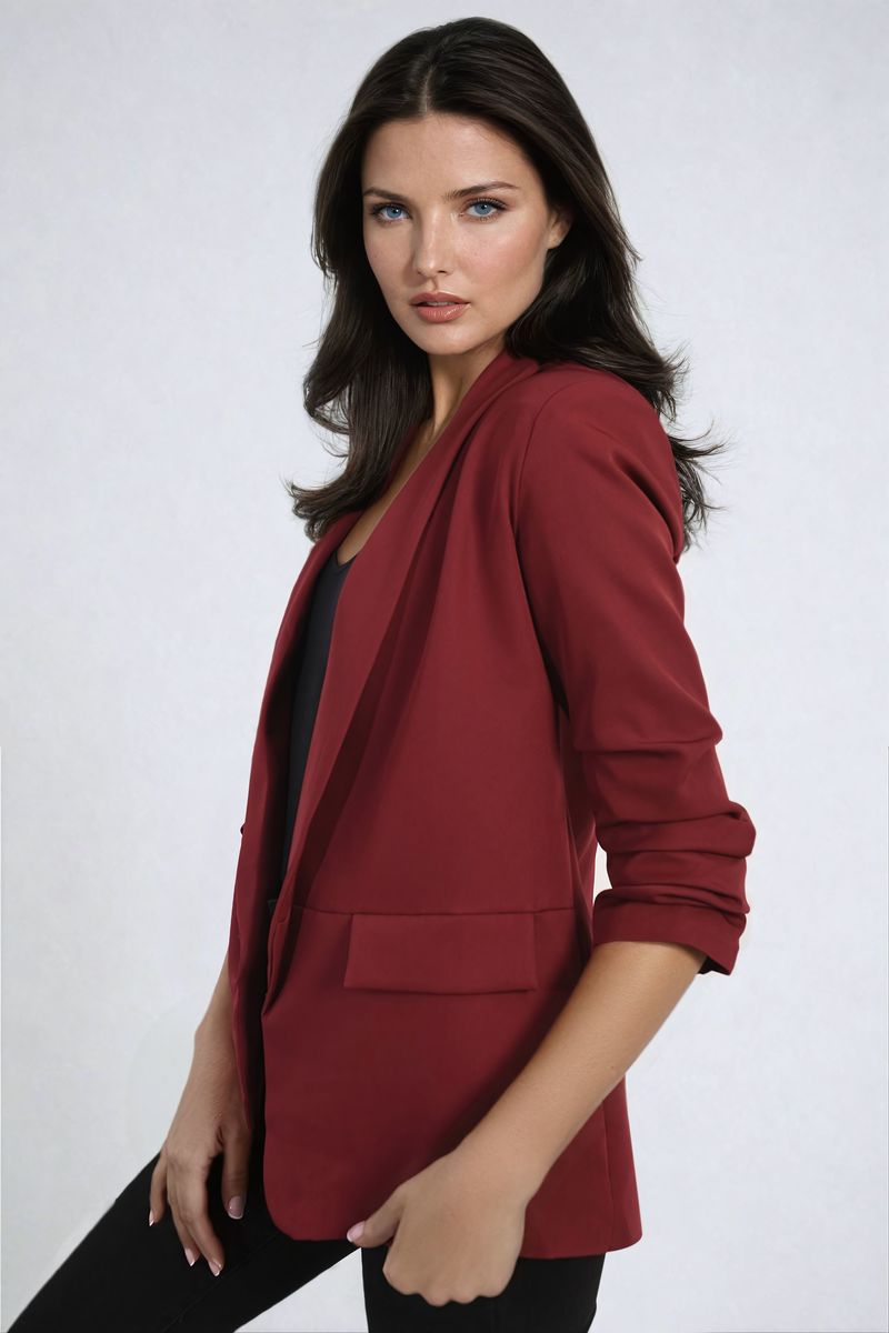 Ruched Sleeve Open Front Blazer Jacket with Front Pockets