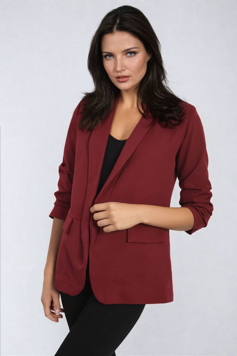 Ruched Sleeve Open Front Blazer Jacket with Front Pockets