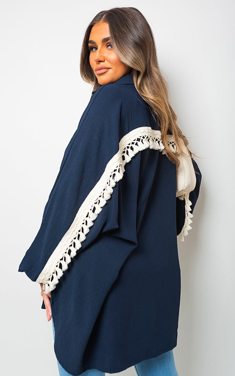 Oversized Long Sleeve Tassel Trim Top